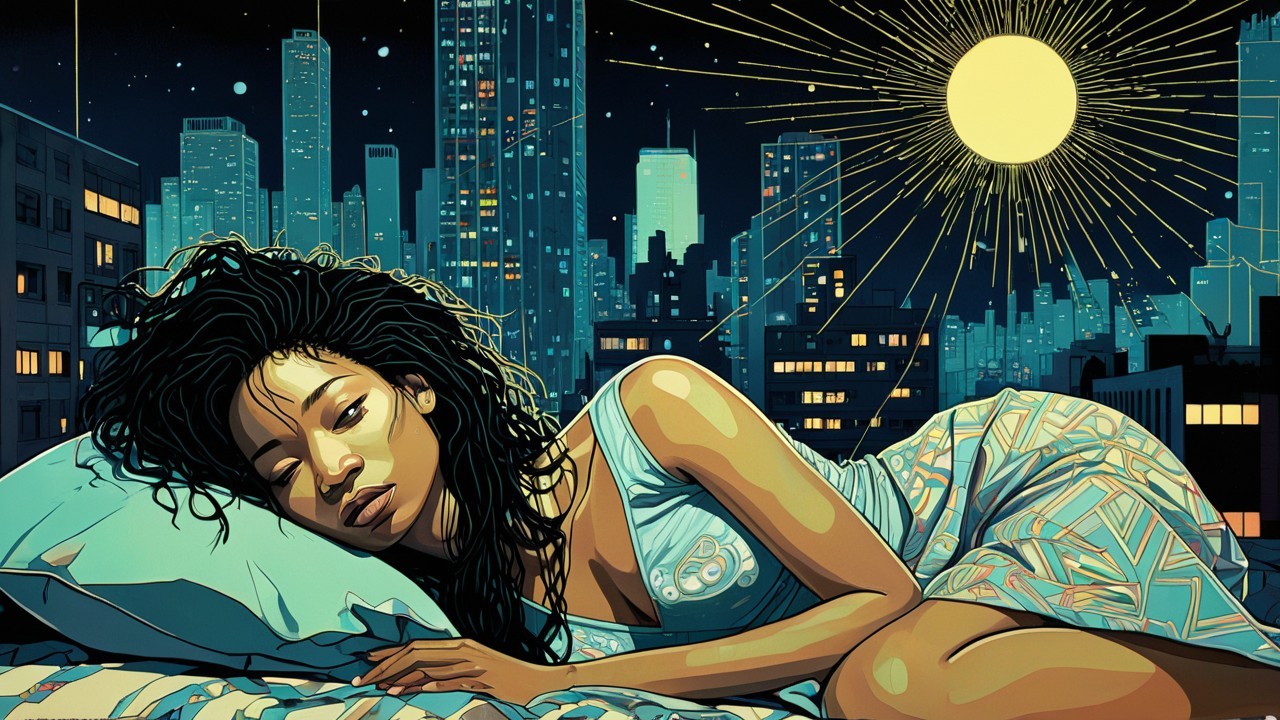 Young woman in nightgown against vibrant cityscape