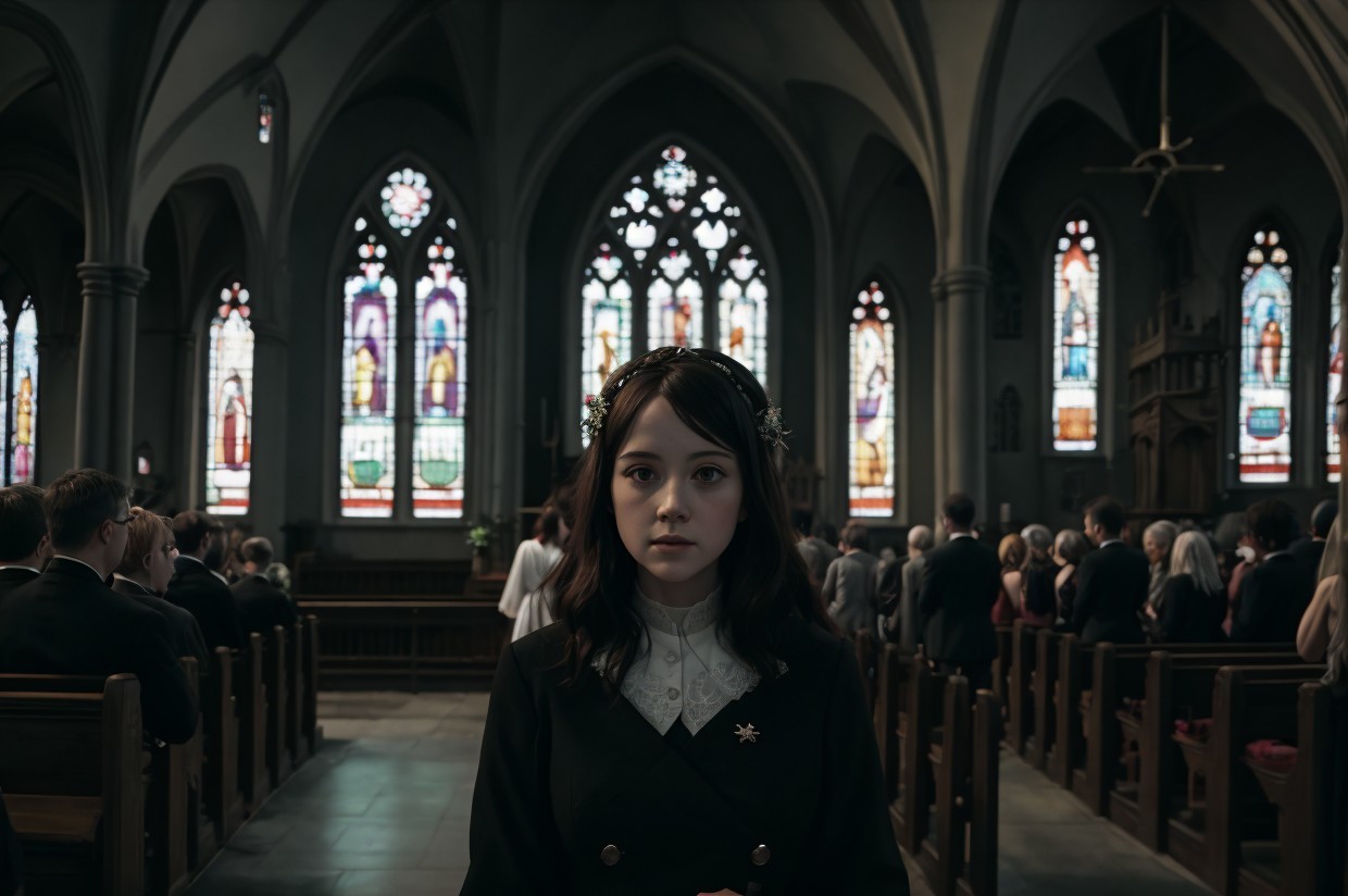 Young girl in gothic church with stained glass light