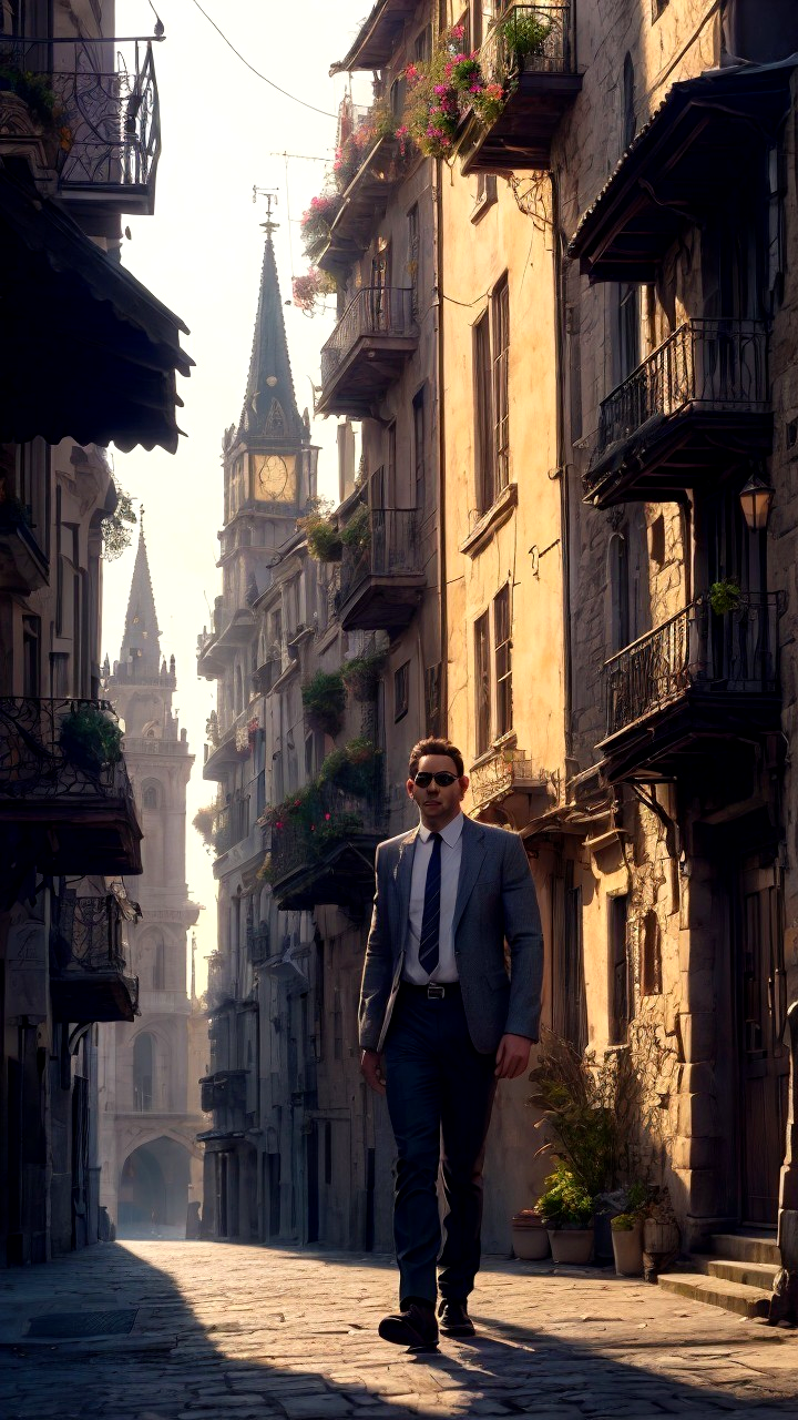Man in tailored suit on sunlit historic street