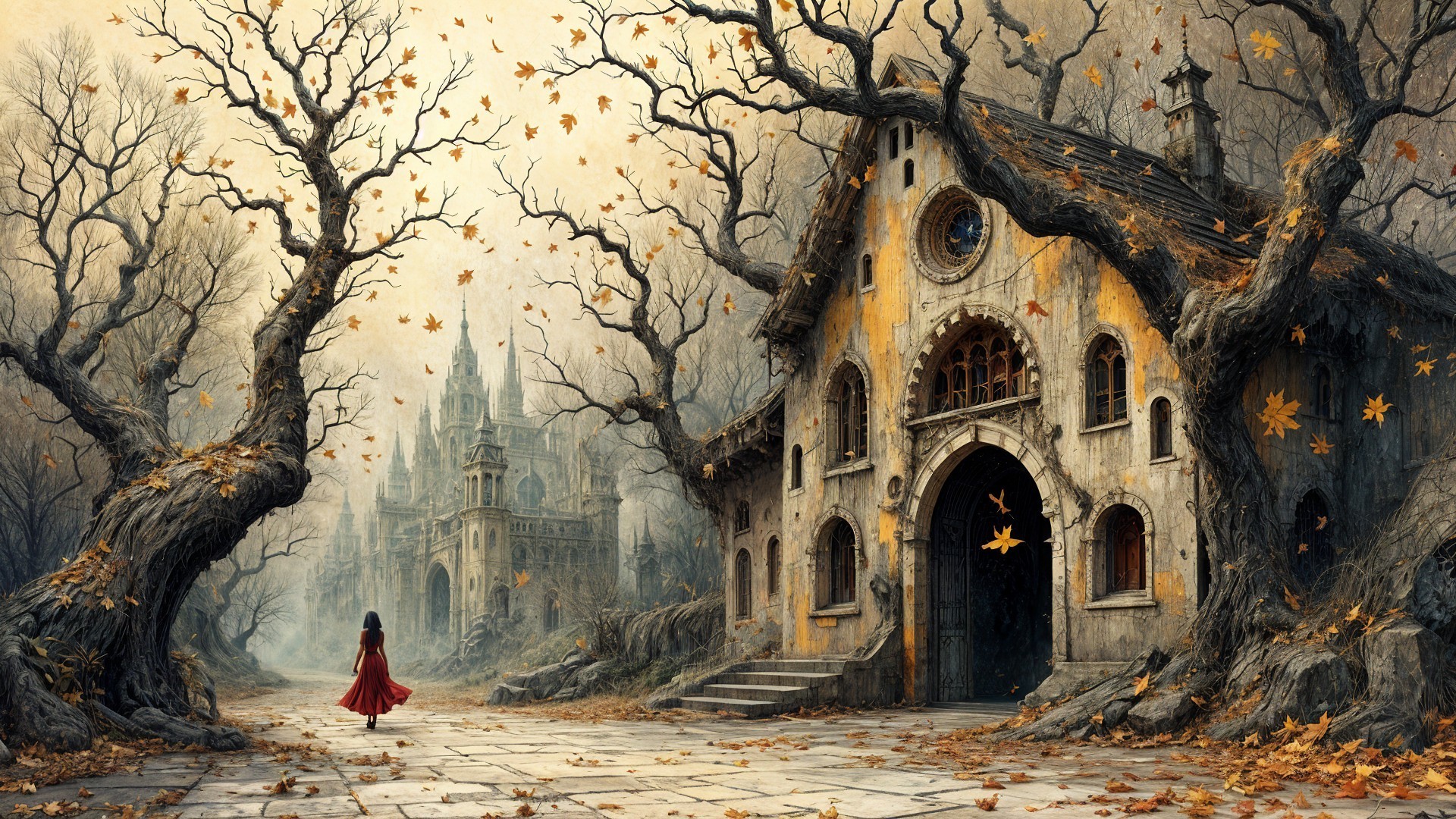 Lone Figure in Red Cloak Amidst Eerie Landscape