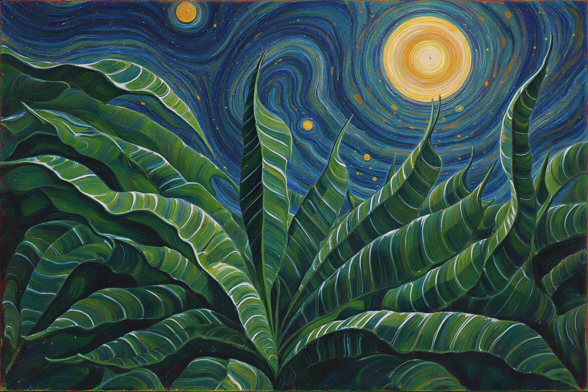 Stylized painting of night sky with vibrant moon and leaves