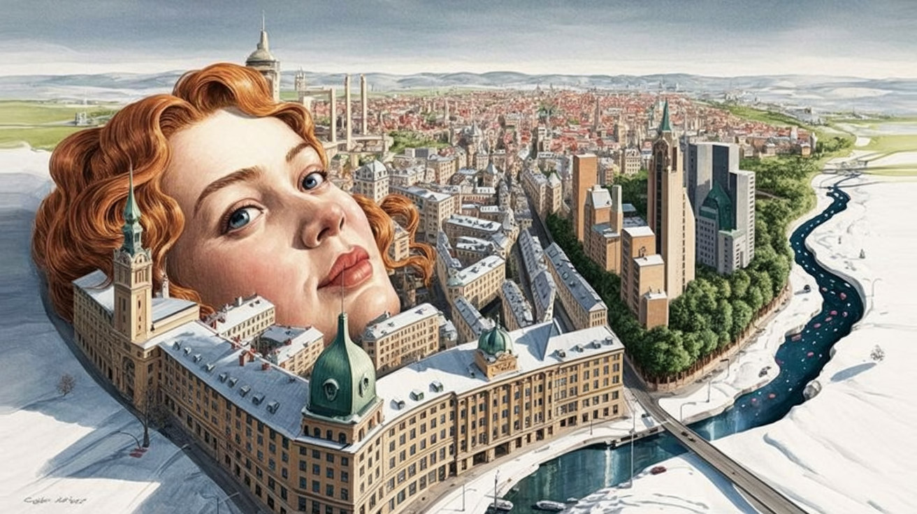 Aerial Watercolor of City Around Giantess's Head