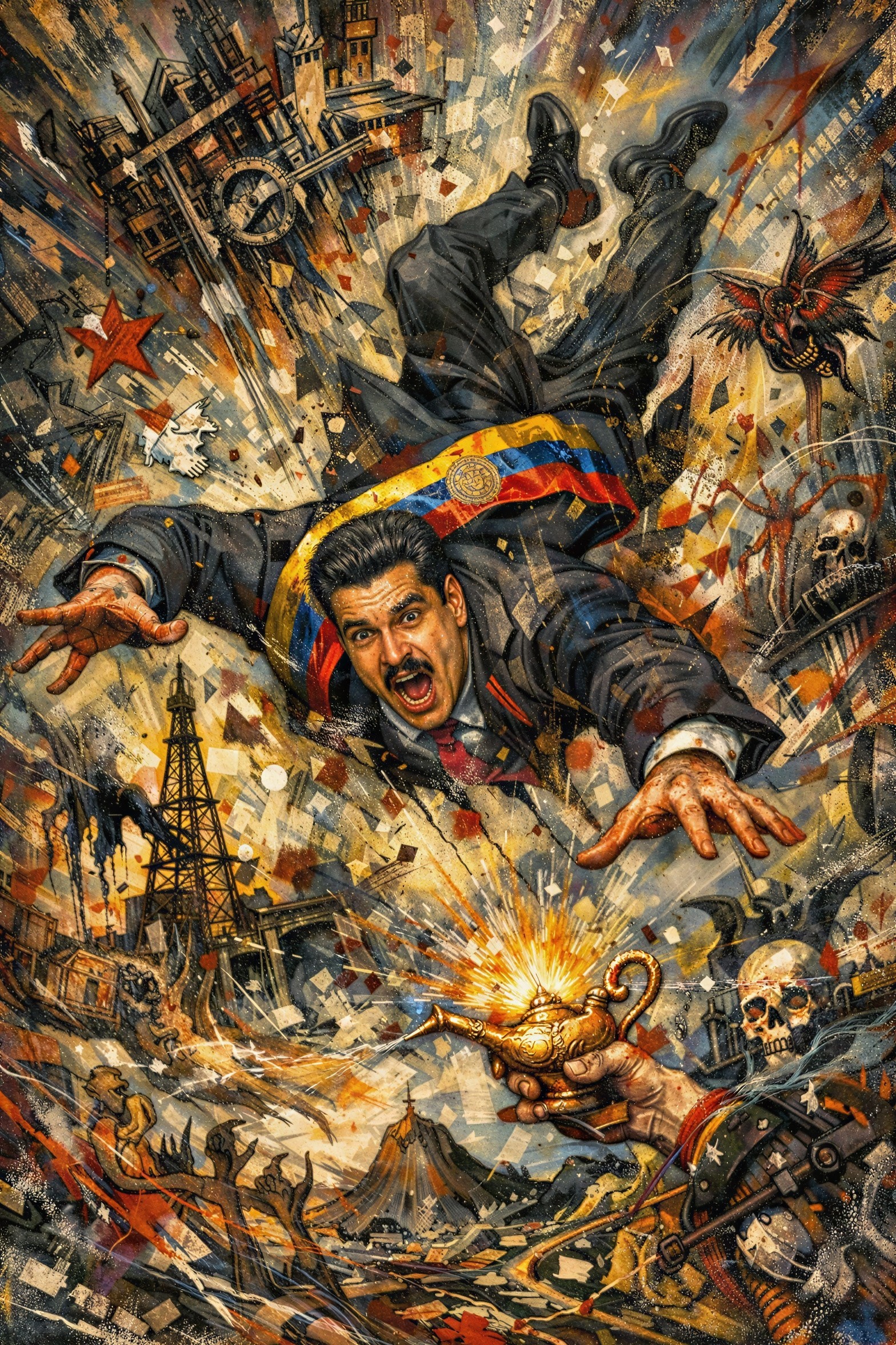 Angry Man in Suit with Colorful Sash in Chaos Scene