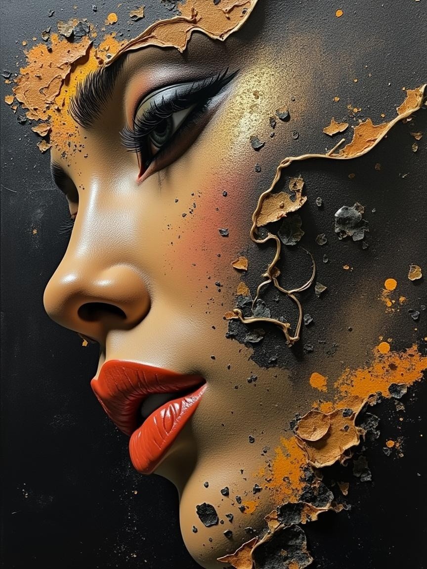 Profile of a Woman with Bold Makeup and Textured Background