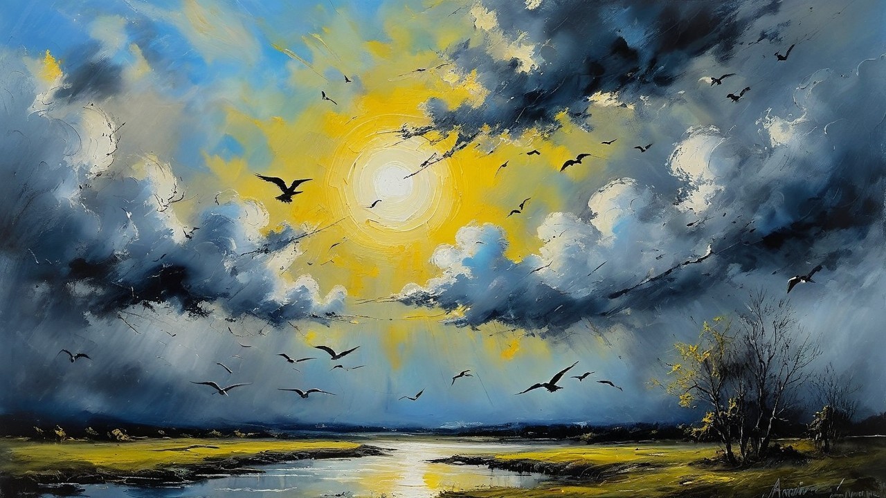 Vibrant Landscape with Dramatic Sky and Tranquil Water