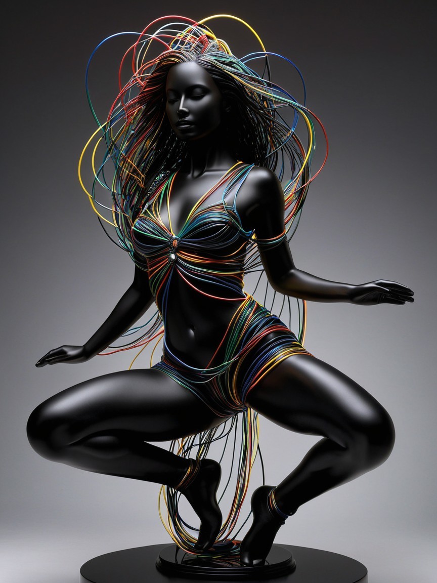 Black Female Figure Sculpture with Flowing Wires