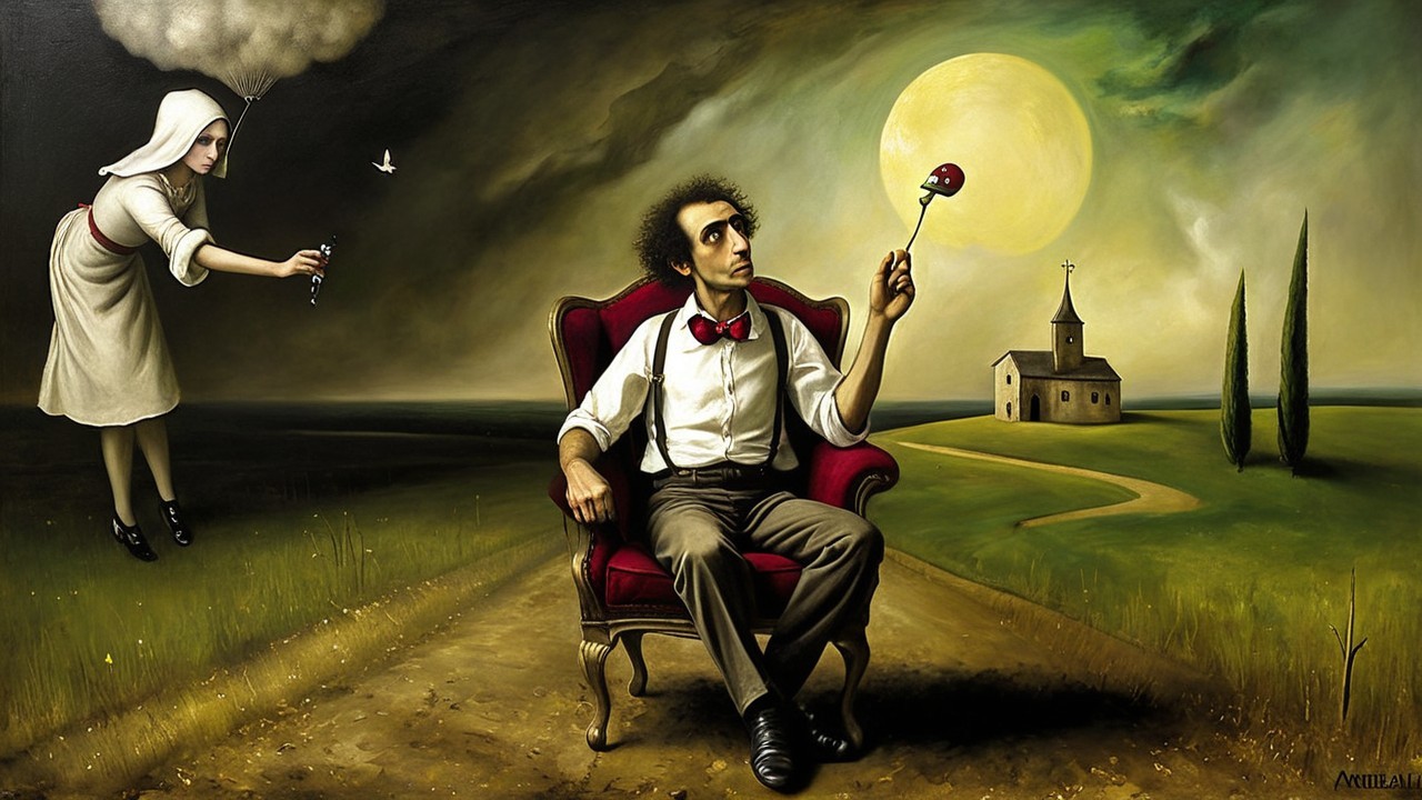 Surreal Scene of Man, Woman, and Glowing Moon