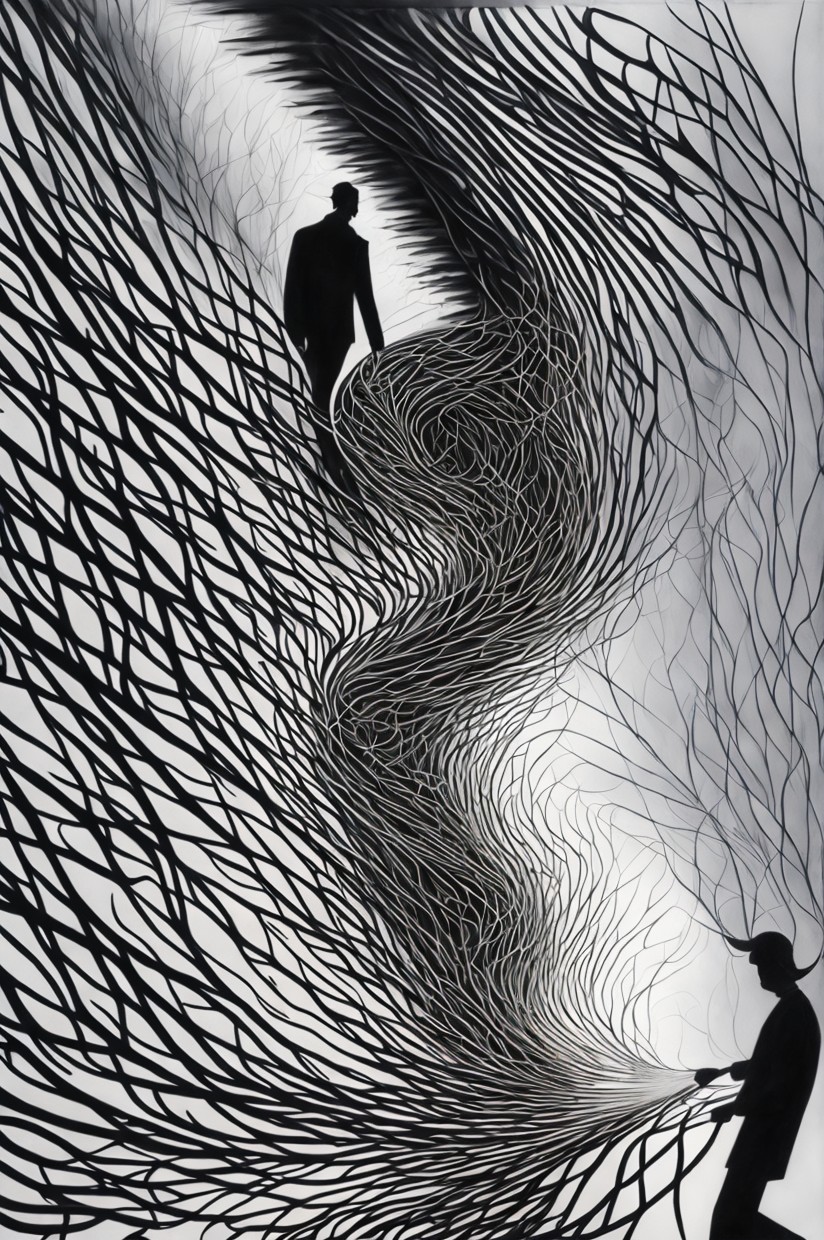 Silhouetted Figures in Abstract Black and White Art