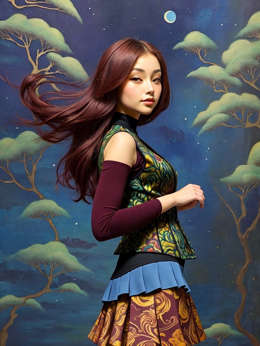 Young Woman in Vibrant Outfit Against Dreamy Backdrop