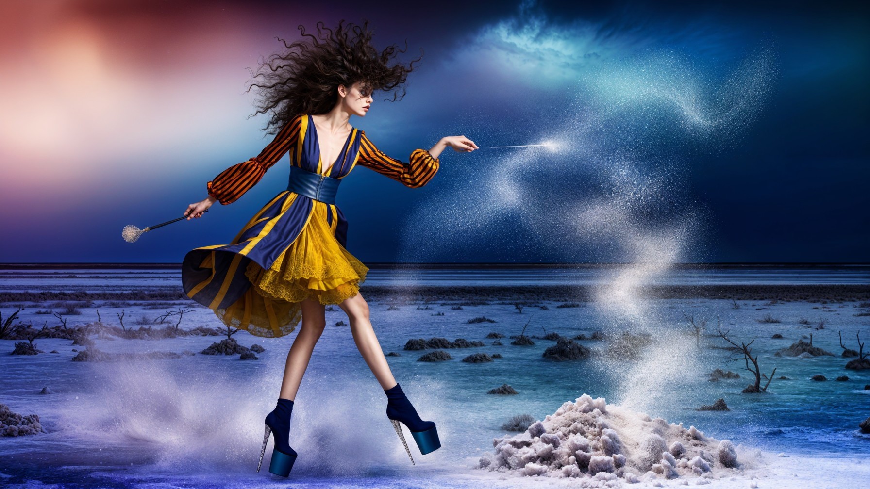 Whimsical Woman in Yellow Dress on Salt Landscape
