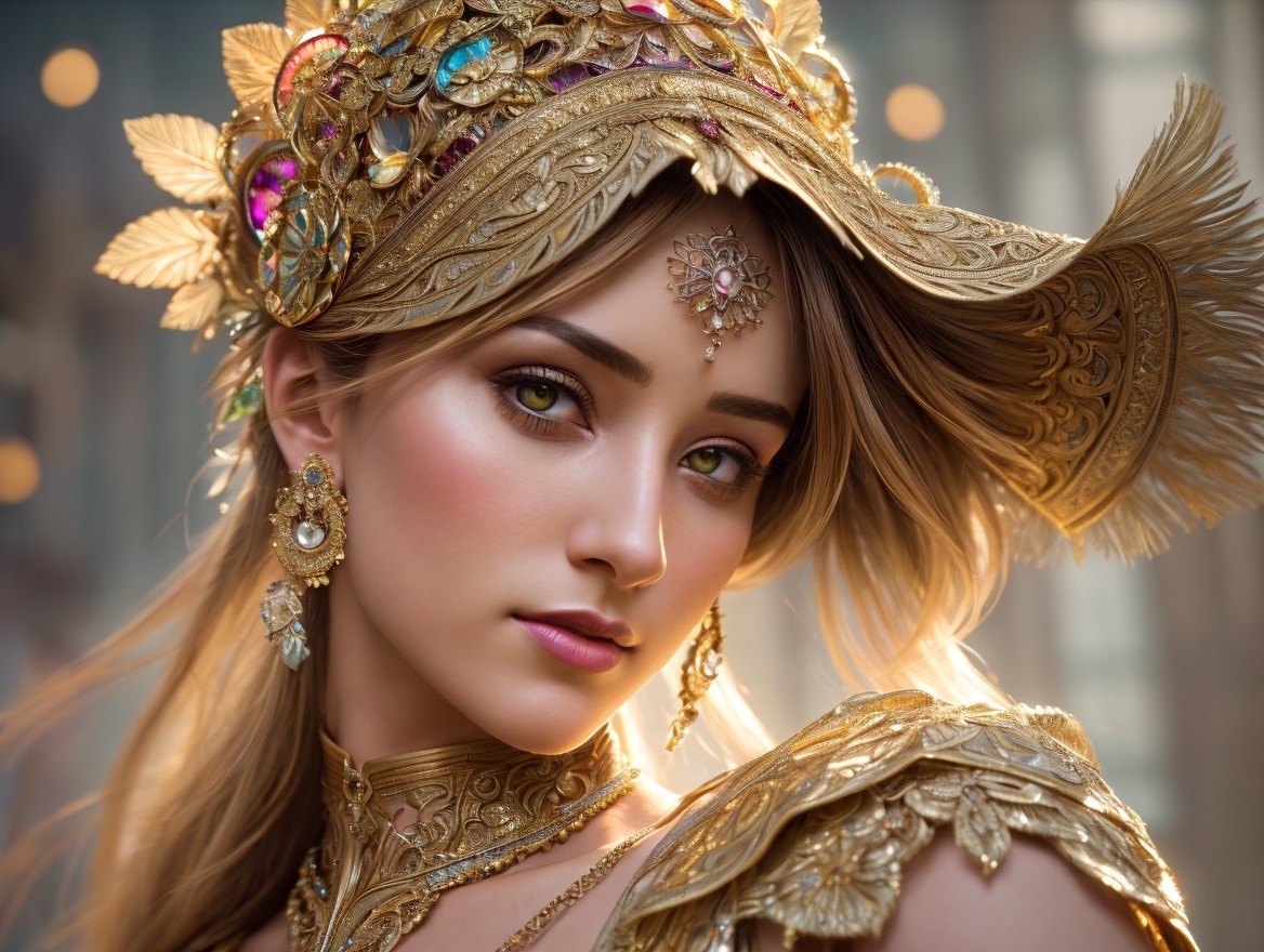 Young woman in golden attire with gemstones and headpiece
