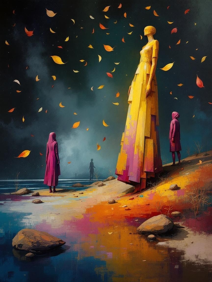 Surreal Landscape with Yellow Figure and Cloaked Observers