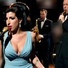 Singer in Blue Dress Performing with Musicians on Stage