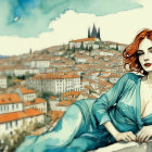 Serene Woman with Red Hair in Cityscape Setting