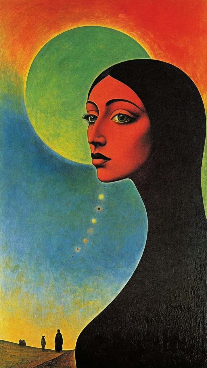 Stylized Female Figure with Green Eyes and Moon Background