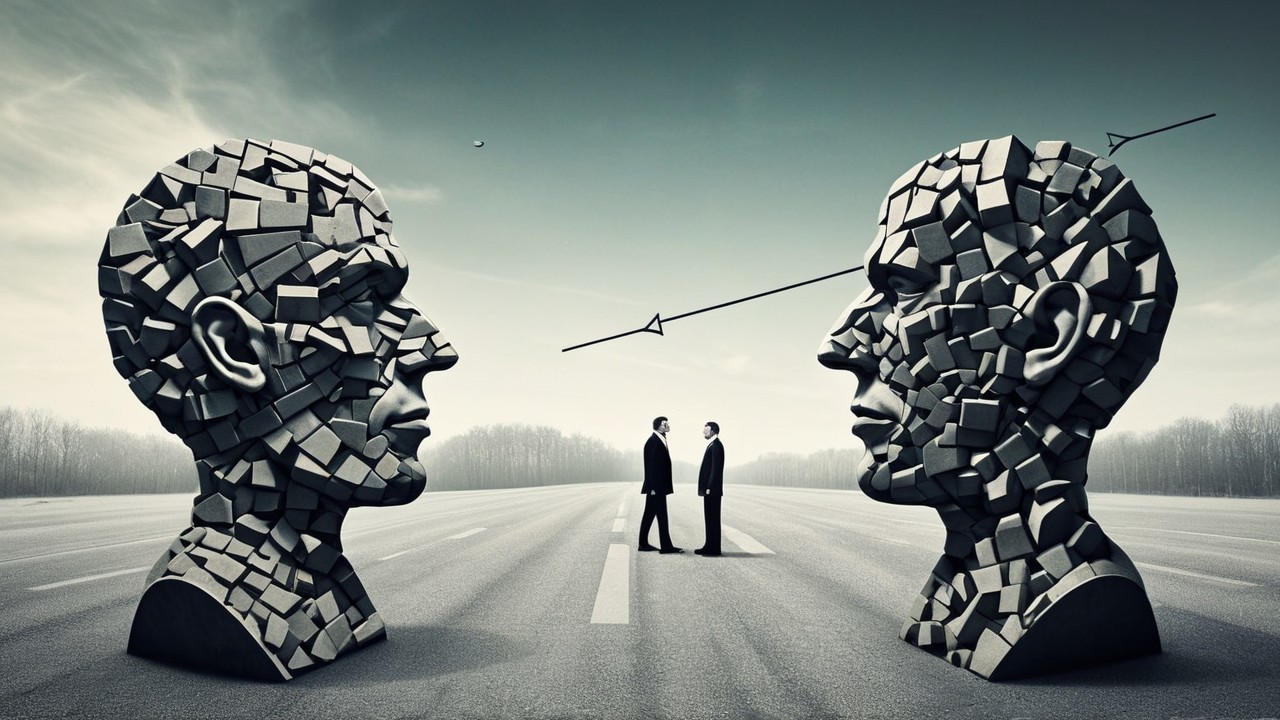 Abstract Head Sculptures on Deserted Road with Figures