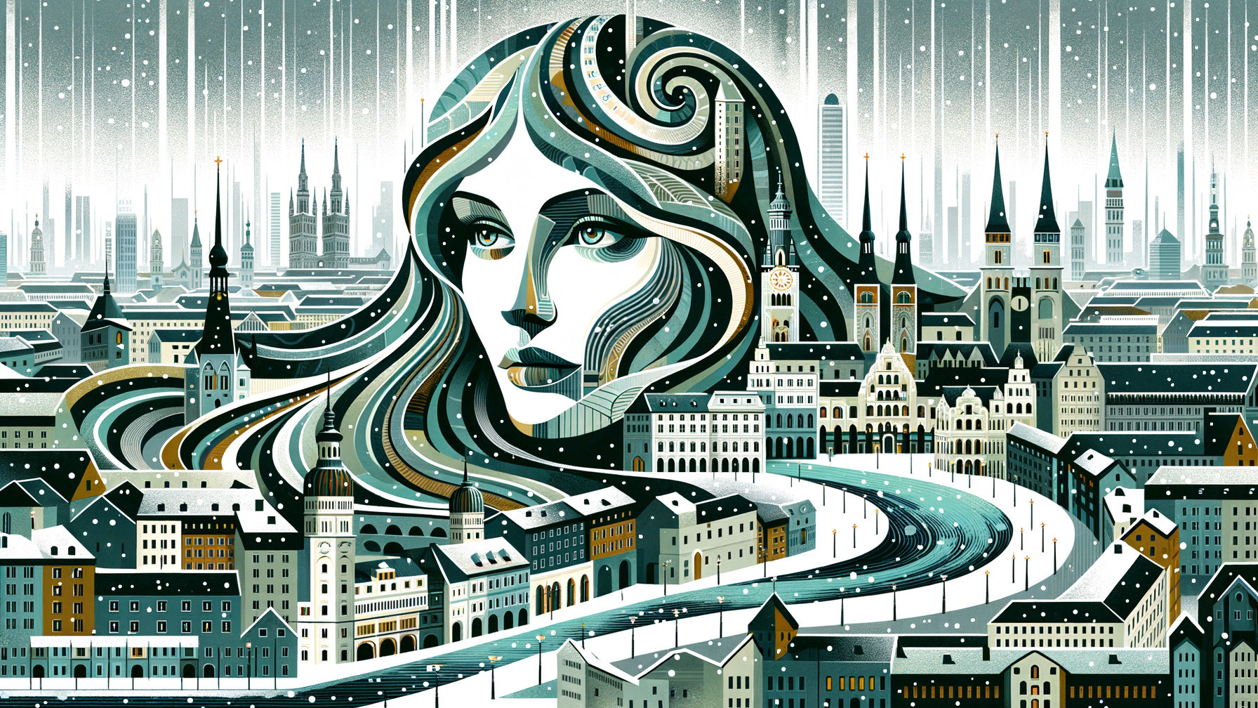 Abstract Portrait of Woman in Snowy Cityscape