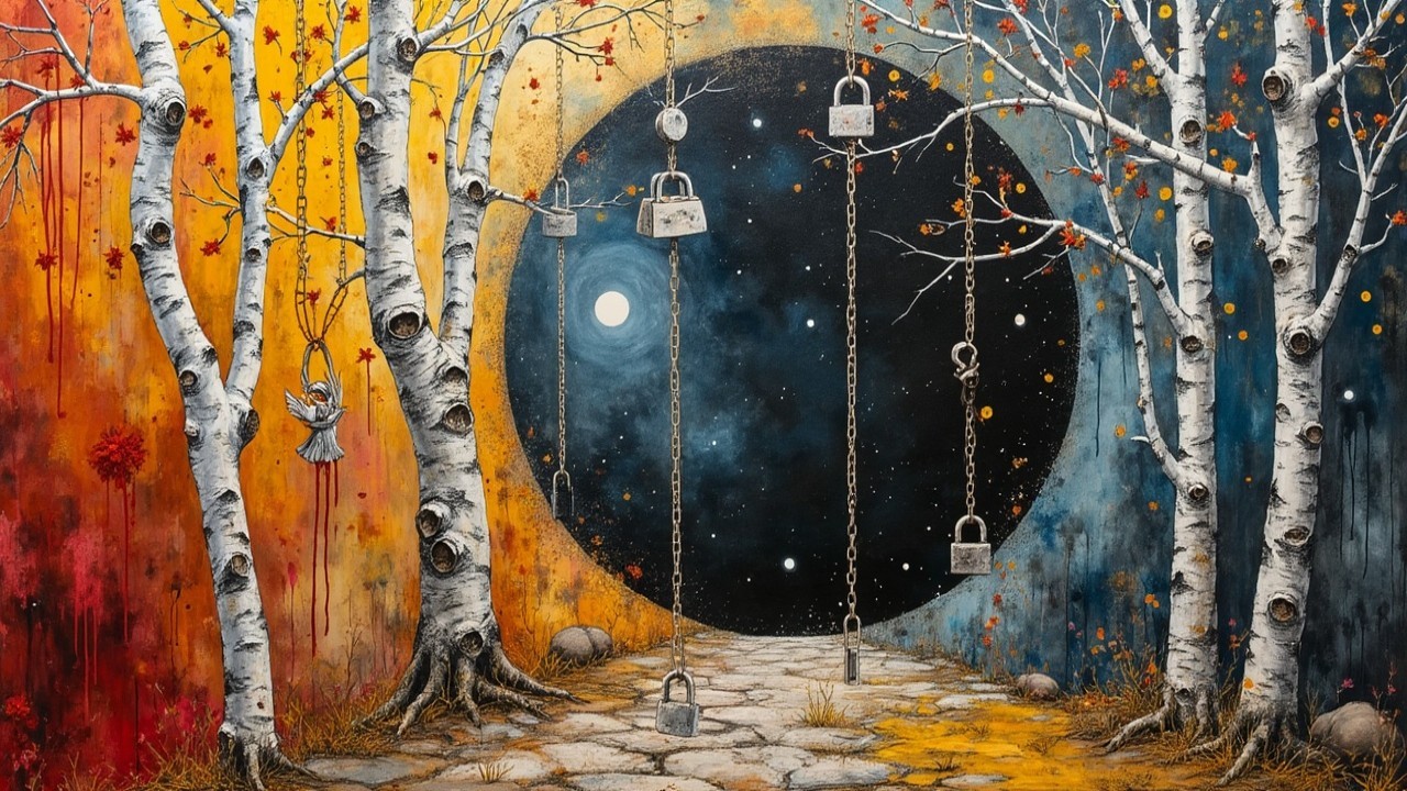 Whimsical Landscape with Birch Trees and Dark Void
