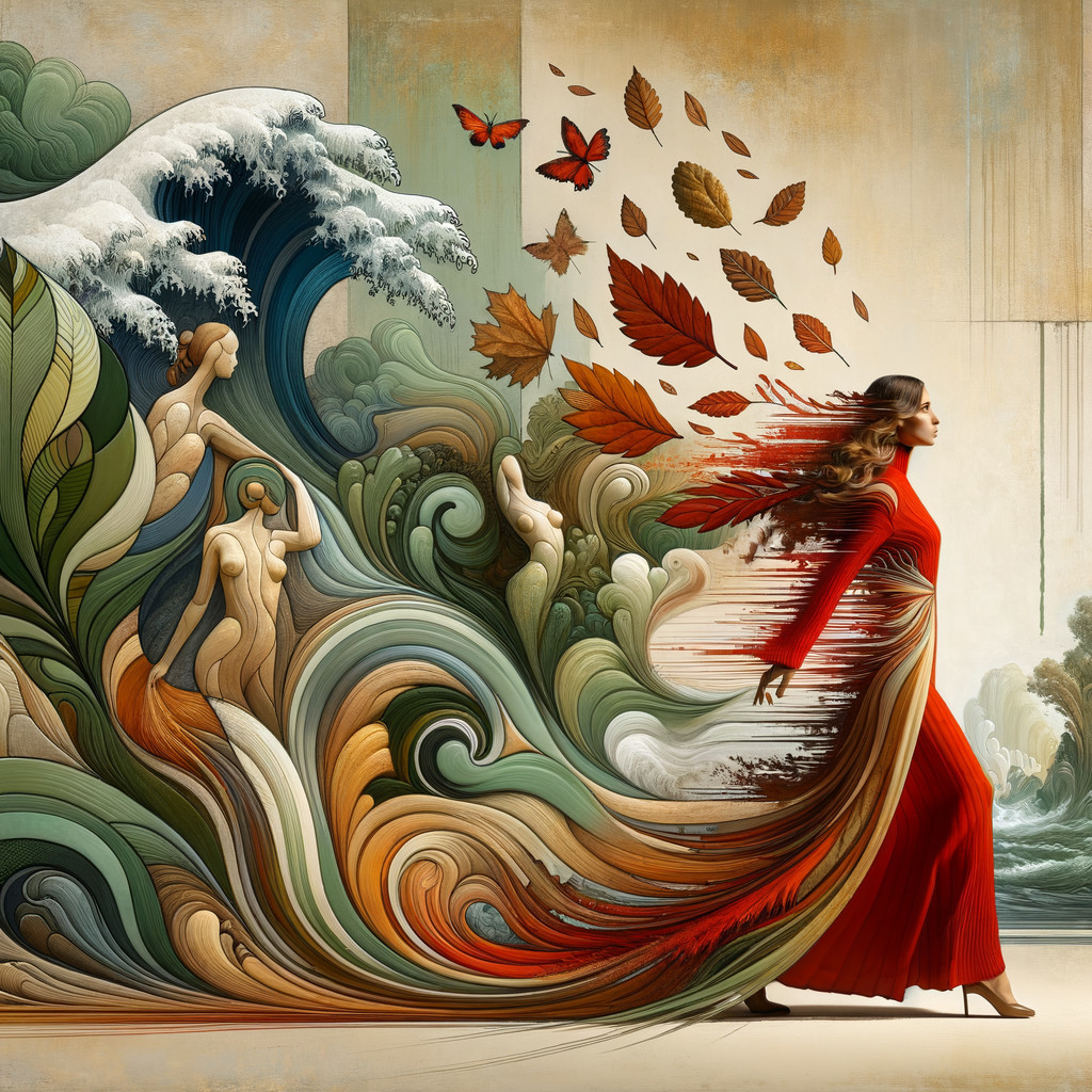 Woman in Red Dress Surrounded by Colorful Nature Elements