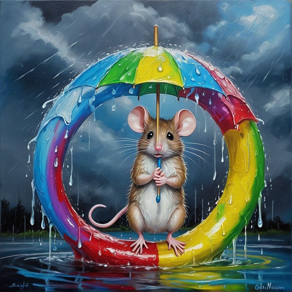 Whimsical Painting of Mouse on Inflatable Ring in Rain