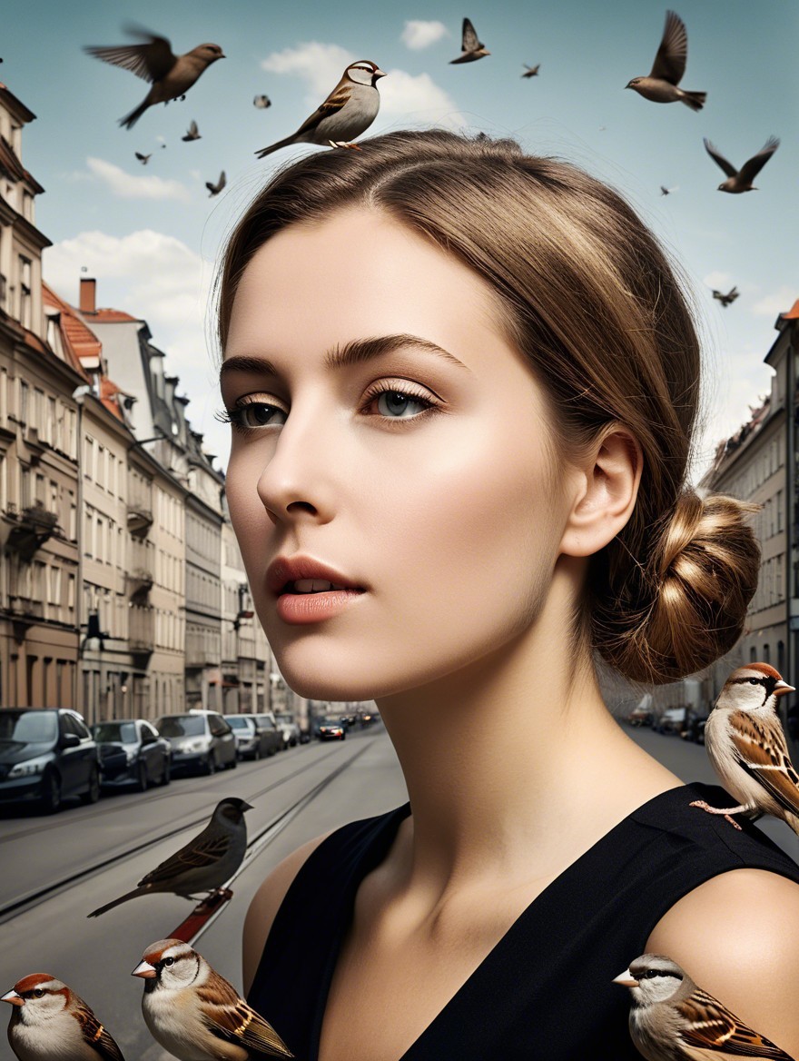 Serene Woman on Vintage Street with Sparrows Flying