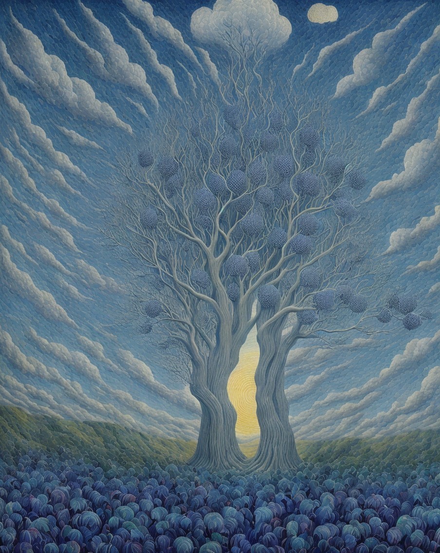 Surreal Landscape with Intertwined Trees and Clouds