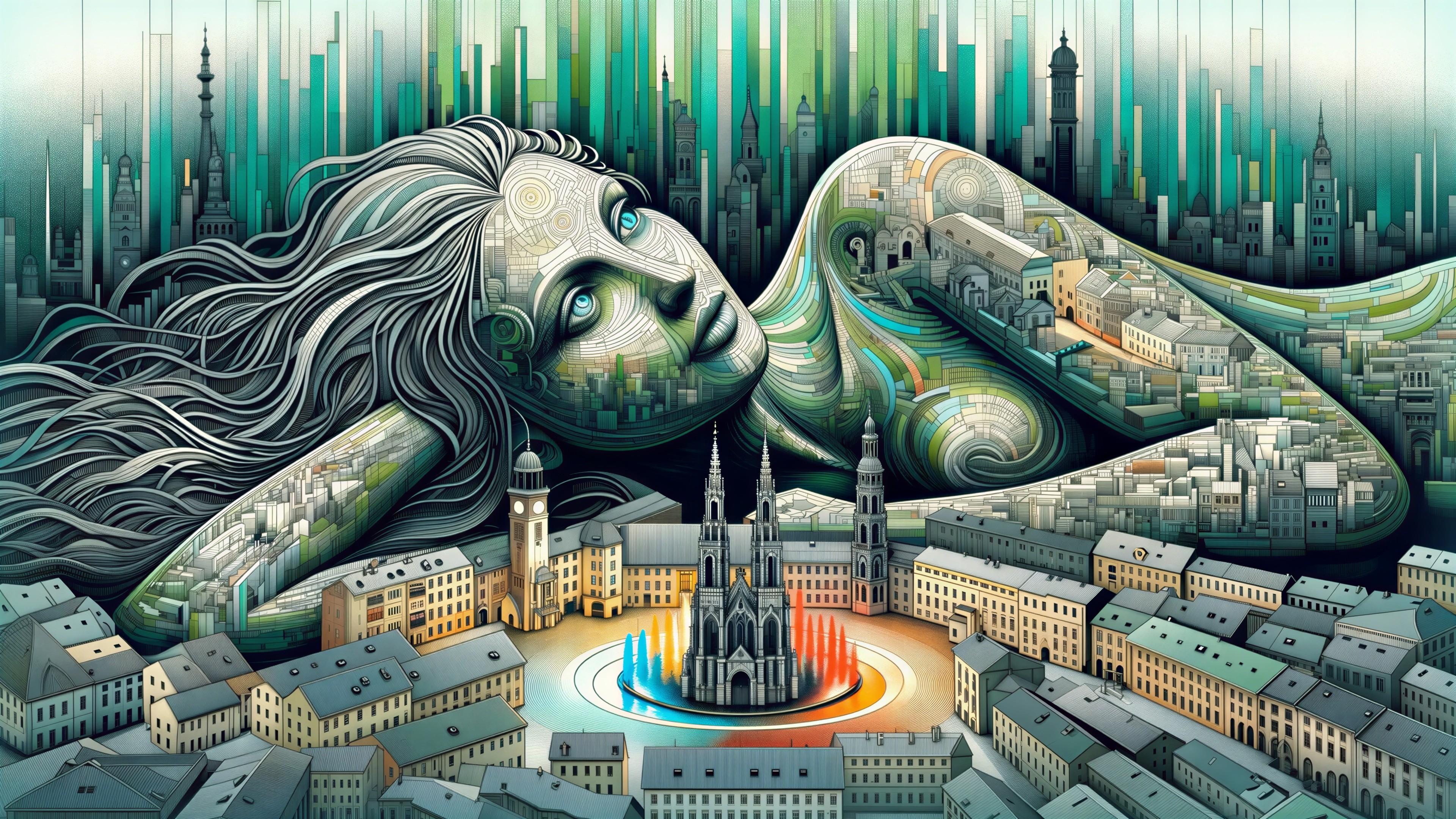 Surreal Giant Figure in Urban Cityscape with Fountain