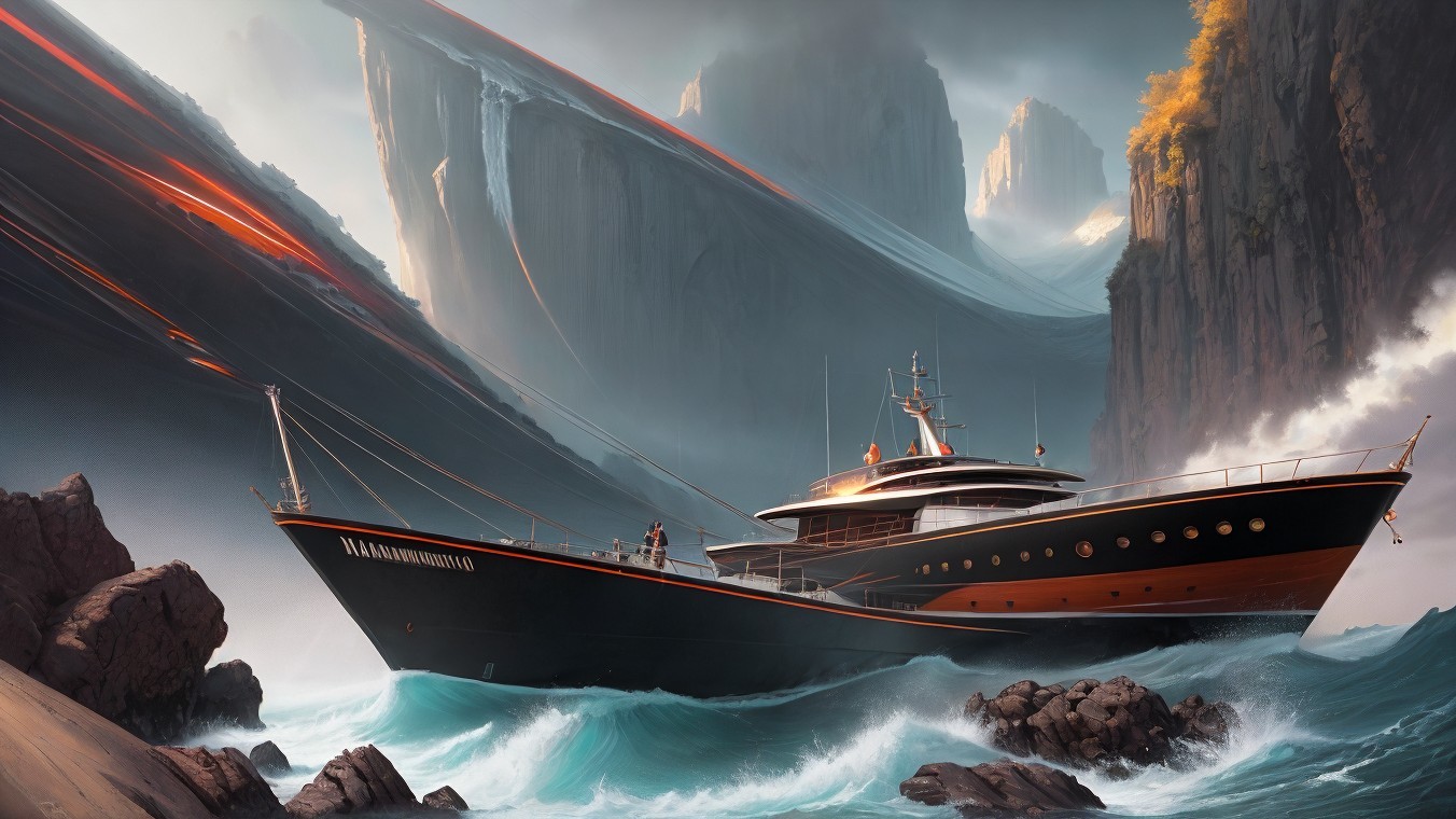 Majestic Yacht in Turbulent Waters and Dramatic Cliffs