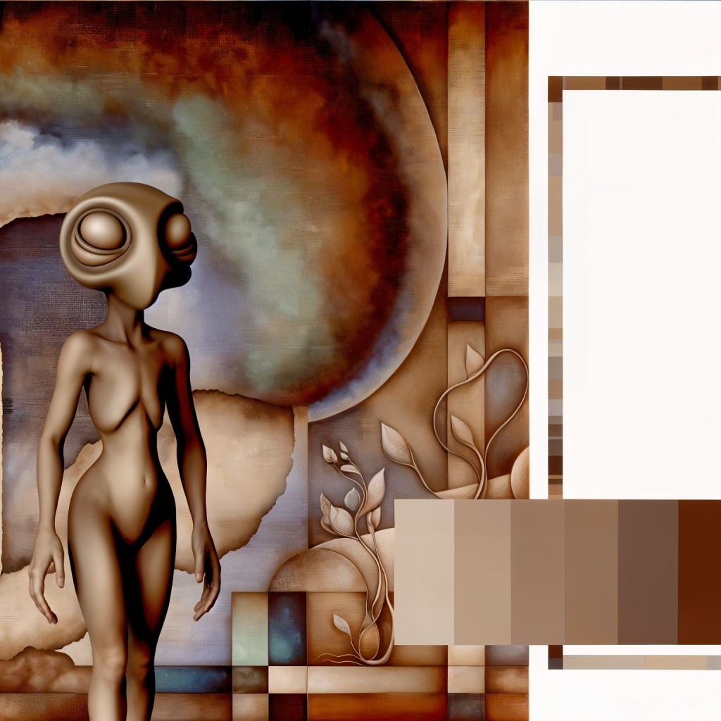 Surreal humanoid figure in abstract warm tones