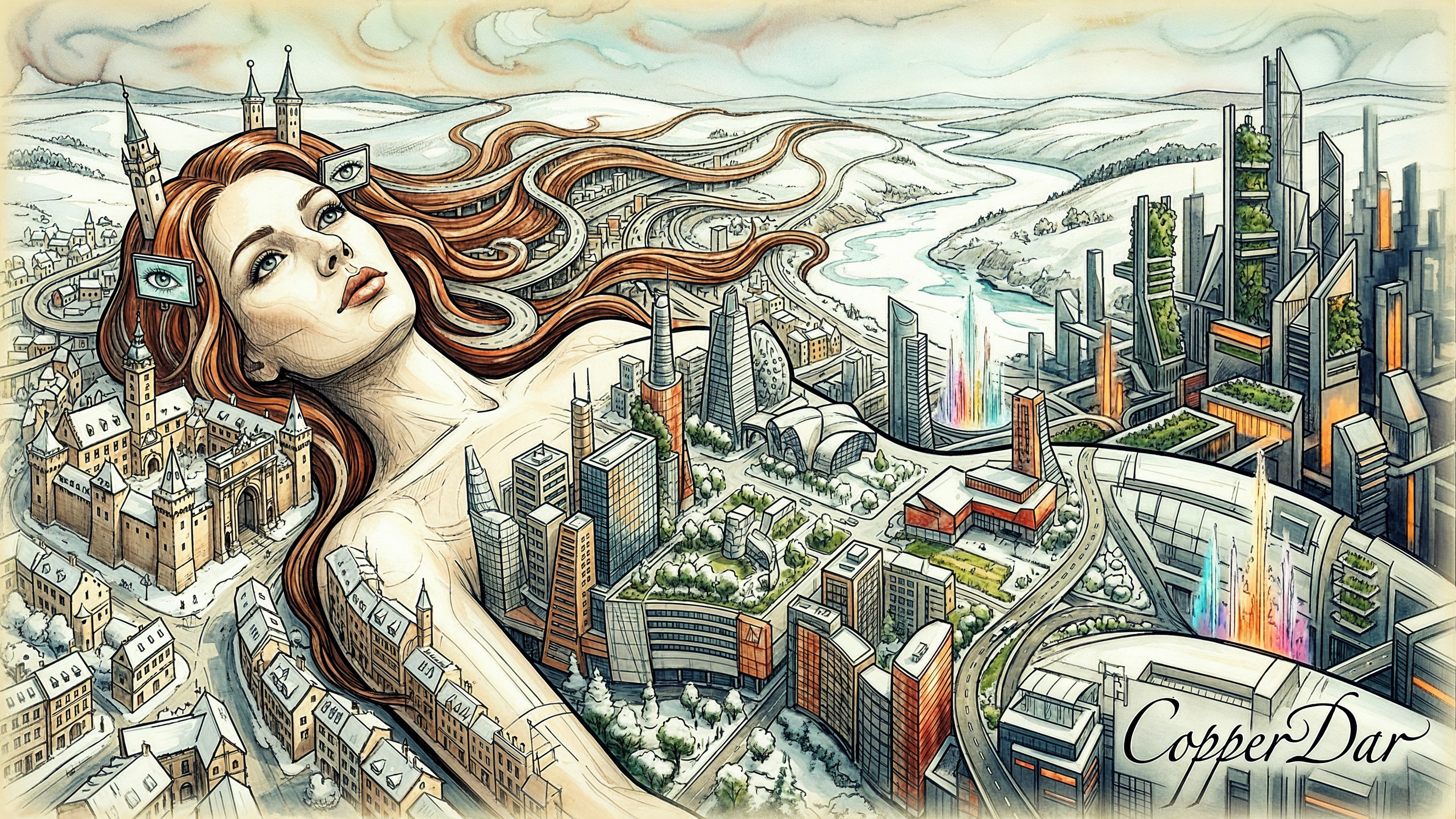 Intricate Ink Drawing of Woman in City Landscape