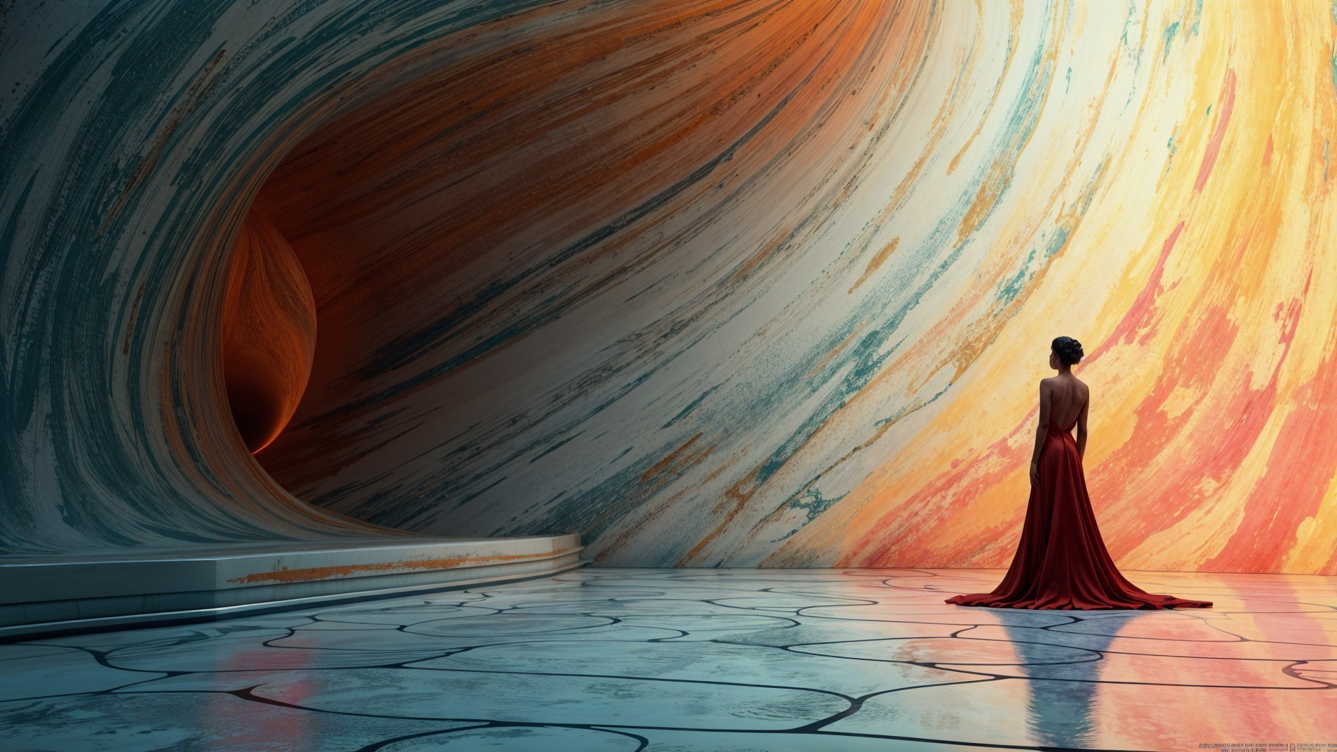 Surreal Scene of Woman in Red Dress and Colorful Wall