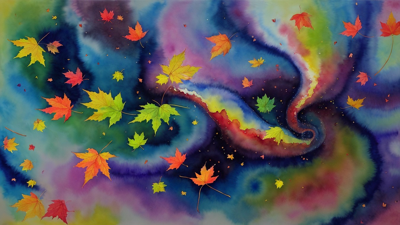 Vibrant Watercolor of Cosmic Swirl with Autumn Leaves