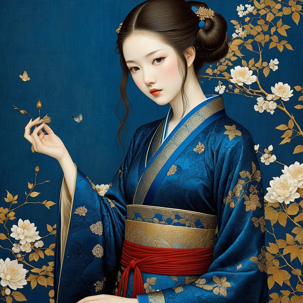 Young Woman in Elegant Blue Kimono with Floral Background