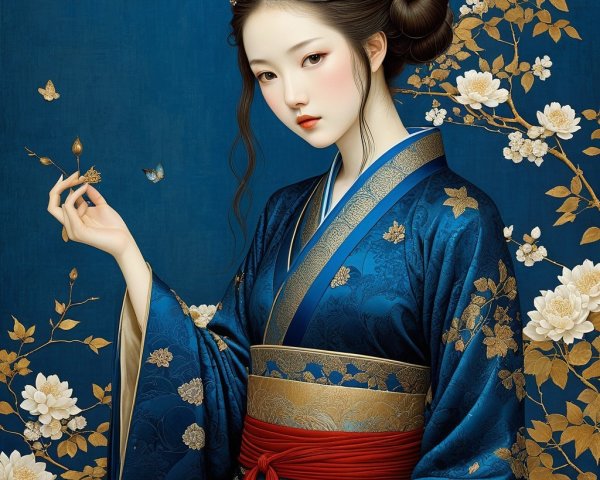 Young Woman in Elegant Blue Kimono with Floral Background
