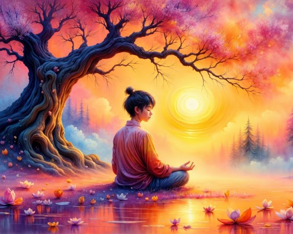 Meditative Scene by a Tranquil Lake at Sunset