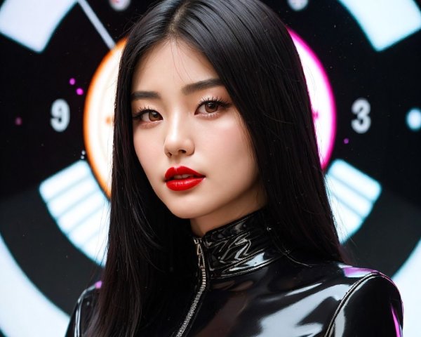 Portrait of a young woman in black latex outfit