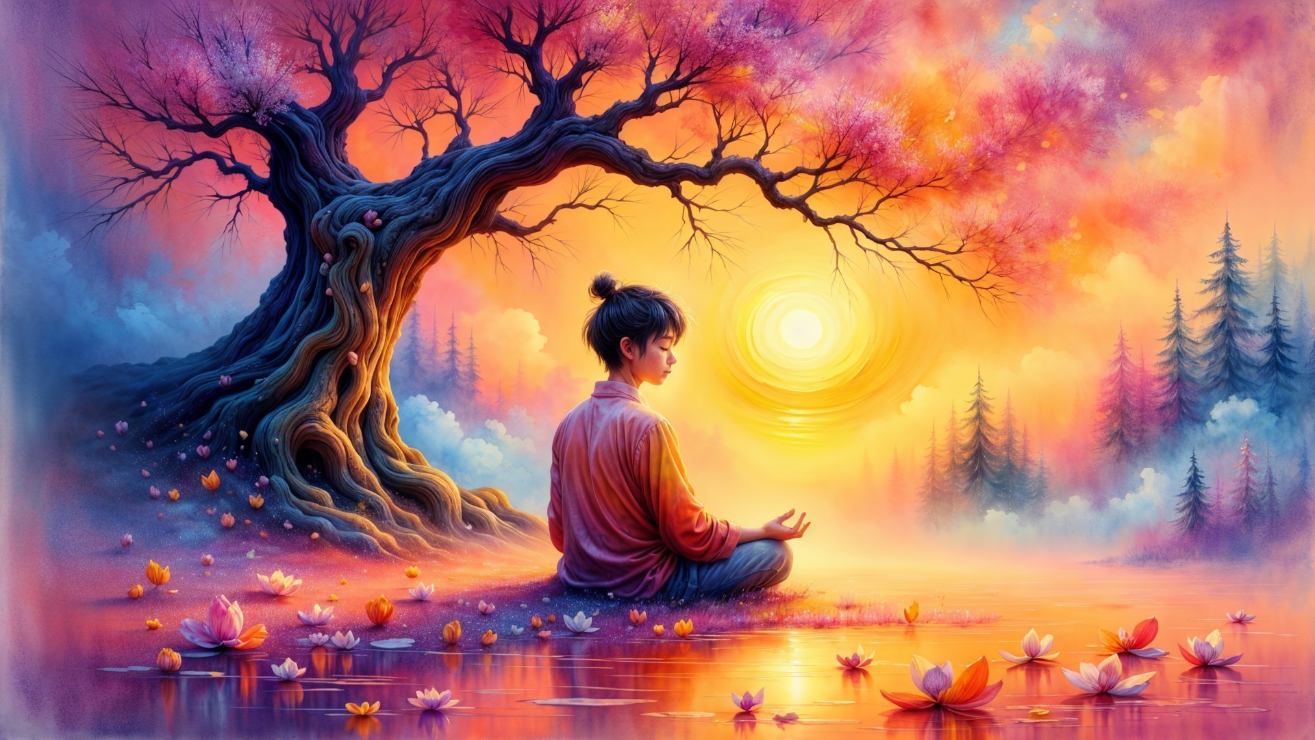 Meditative Scene by a Tranquil Lake at Sunset