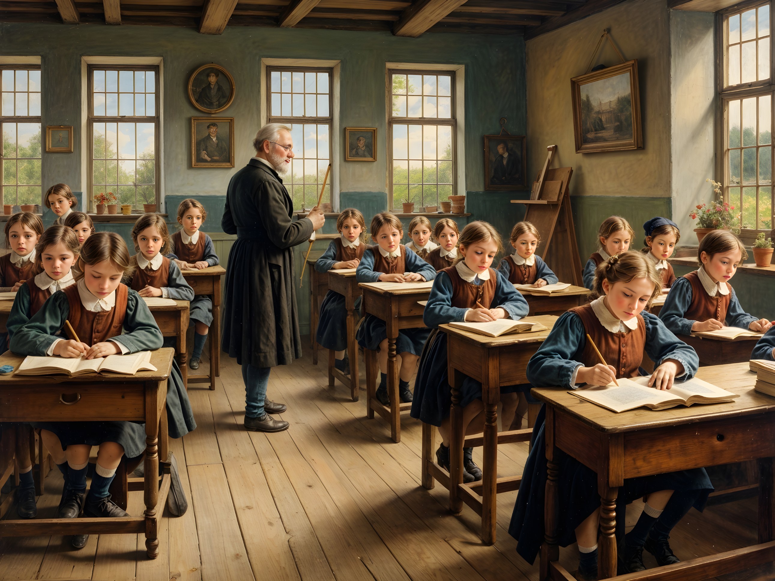Vintage Classroom Scene with Students in Blue Dresses