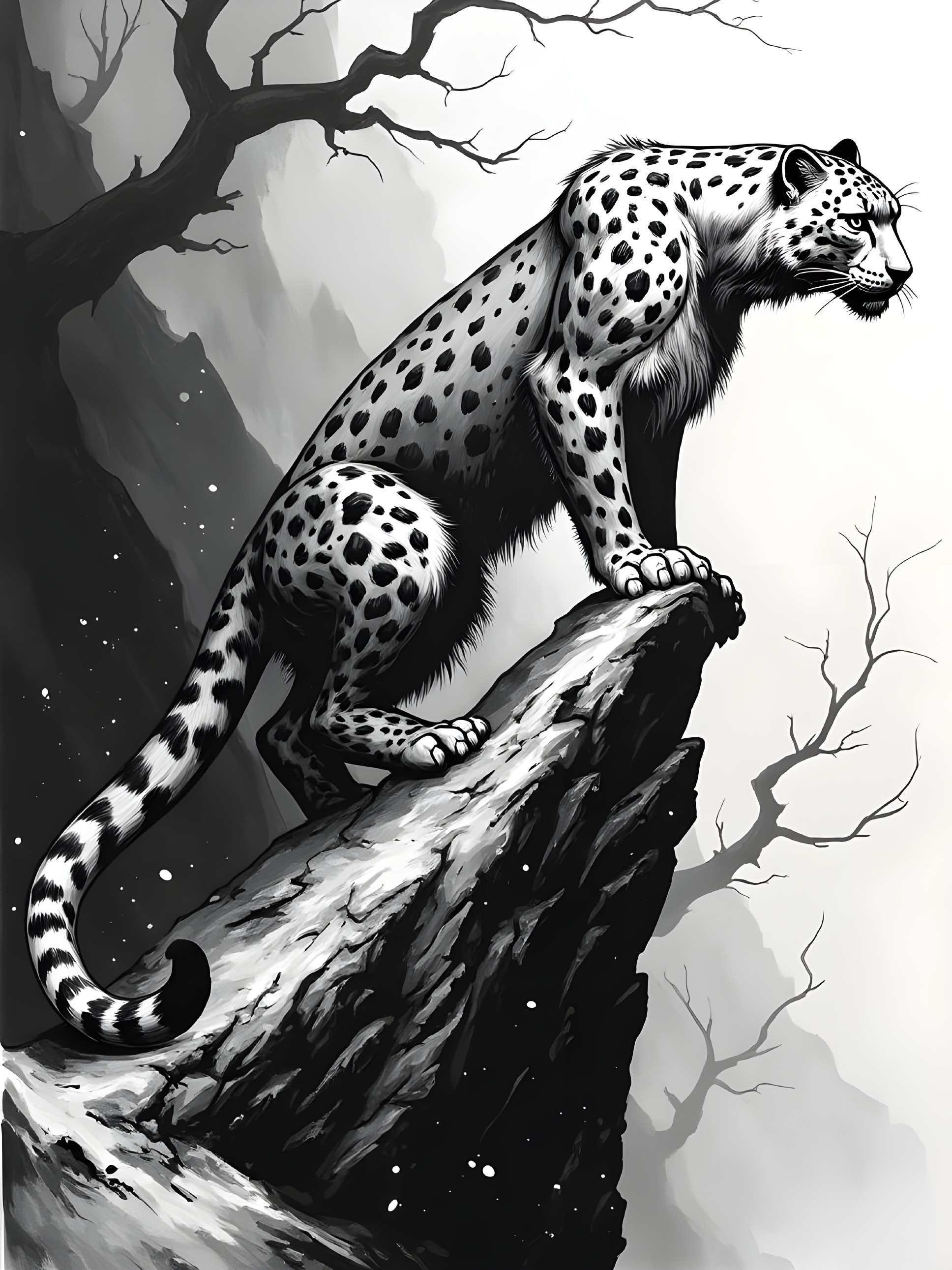 Black and white illustration of a leopard on a ledge