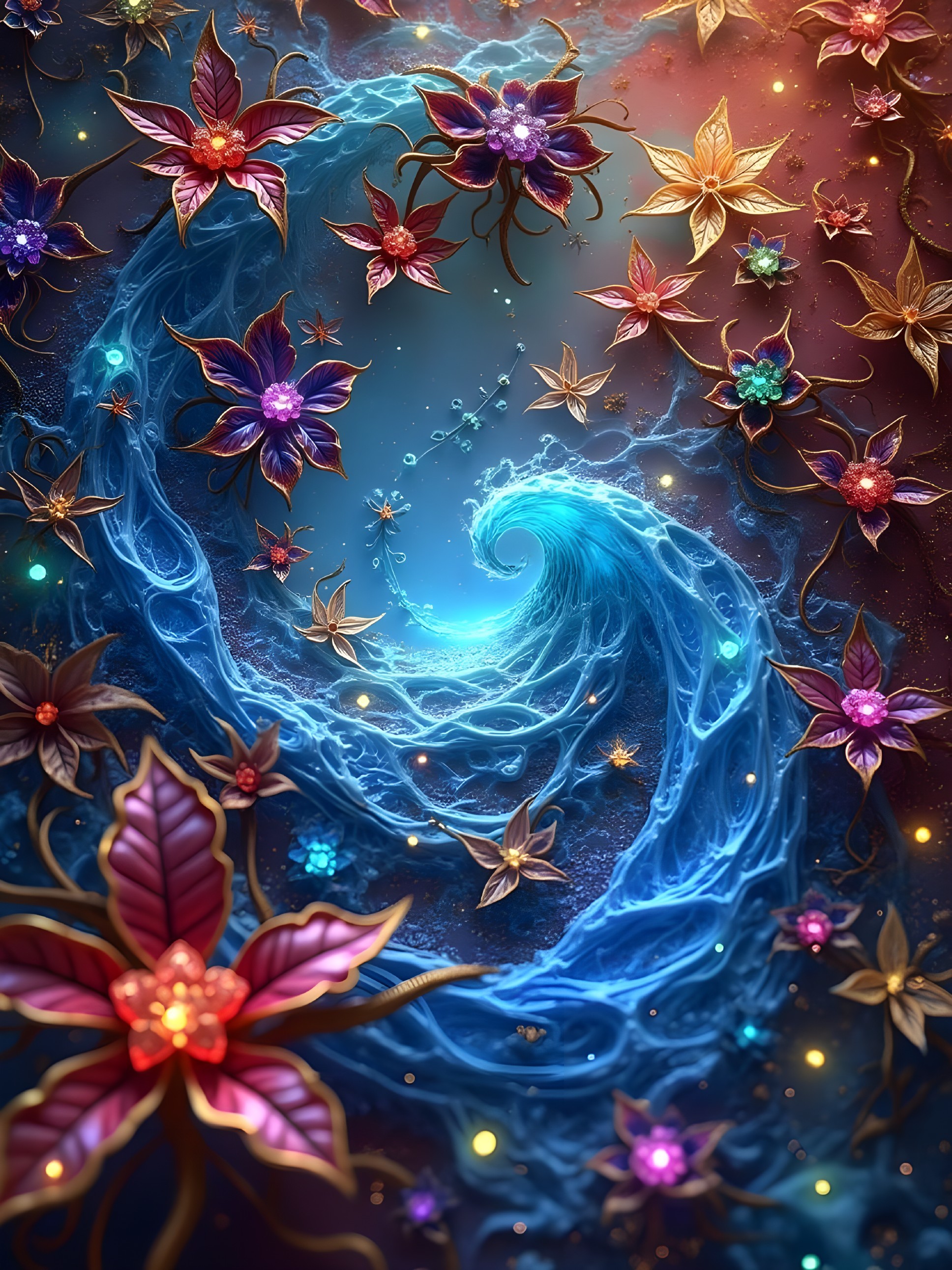 Vibrant Blue Wave with Floral Elements and Glowing Lights