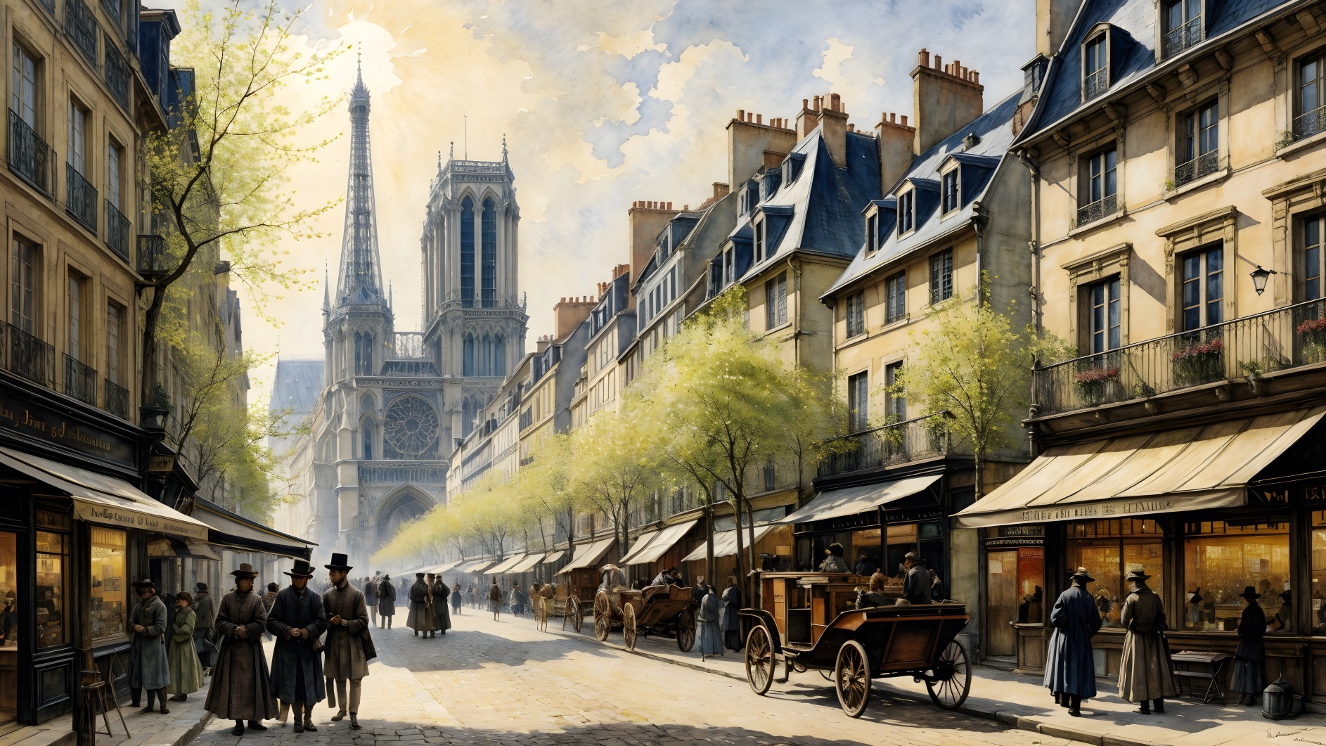 Bustling Parisian Street with Notre-Dame Cathedral View