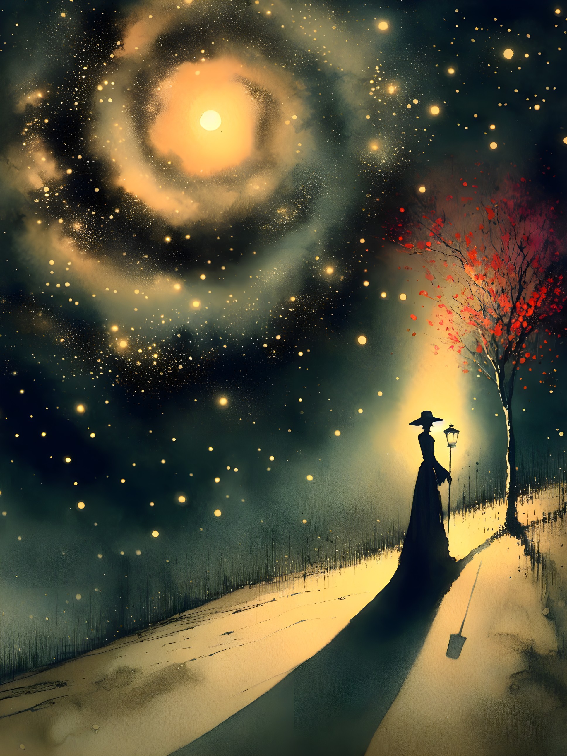 Silhouette of a Woman Under a Starry Sky with Lantern
