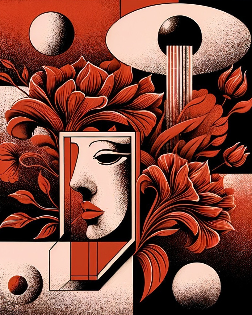 Stylized Face Surrounded by Red Flowers and Shapes