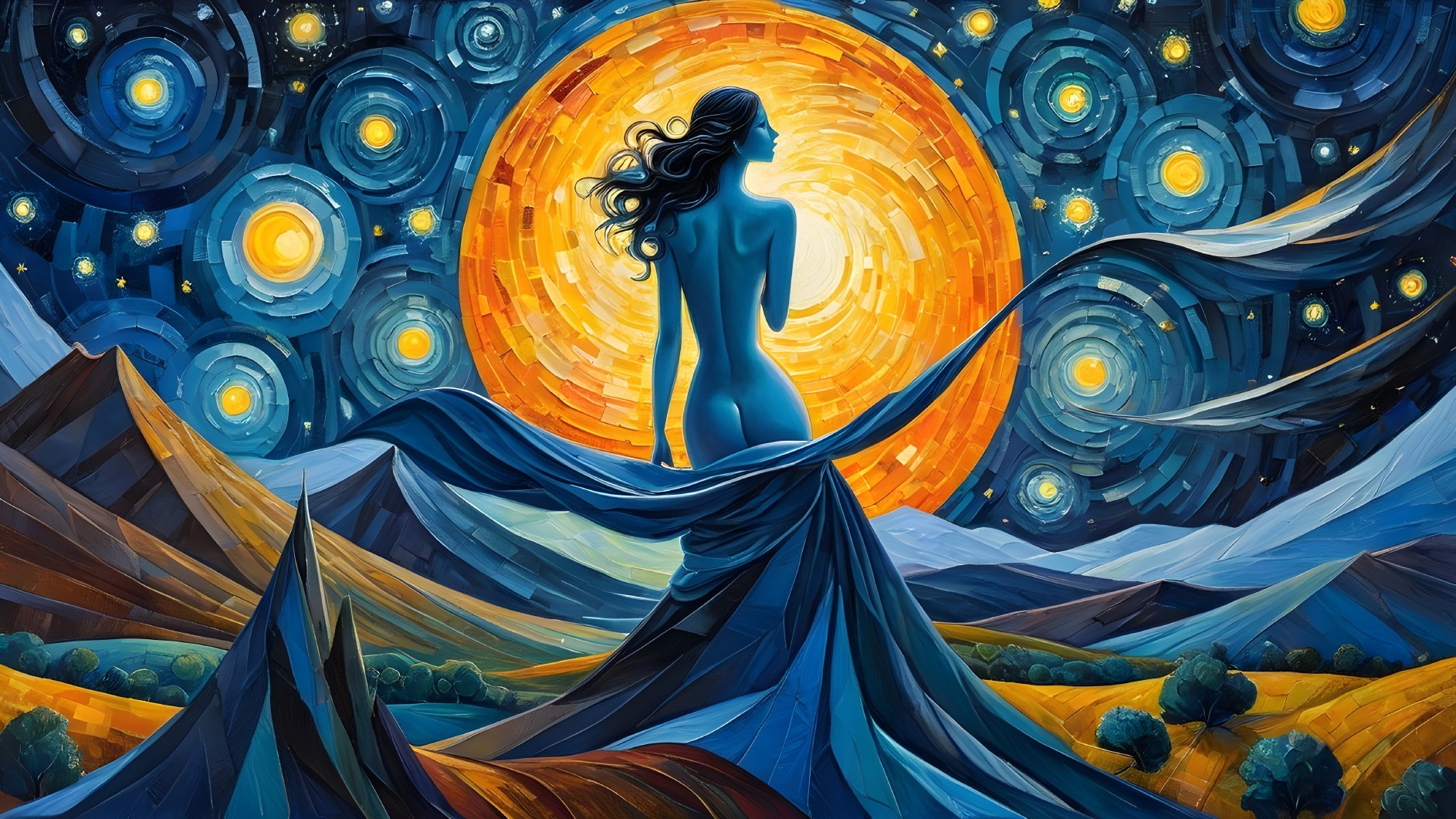 Silhouette of Woman Against Colorful Cosmic Landscape