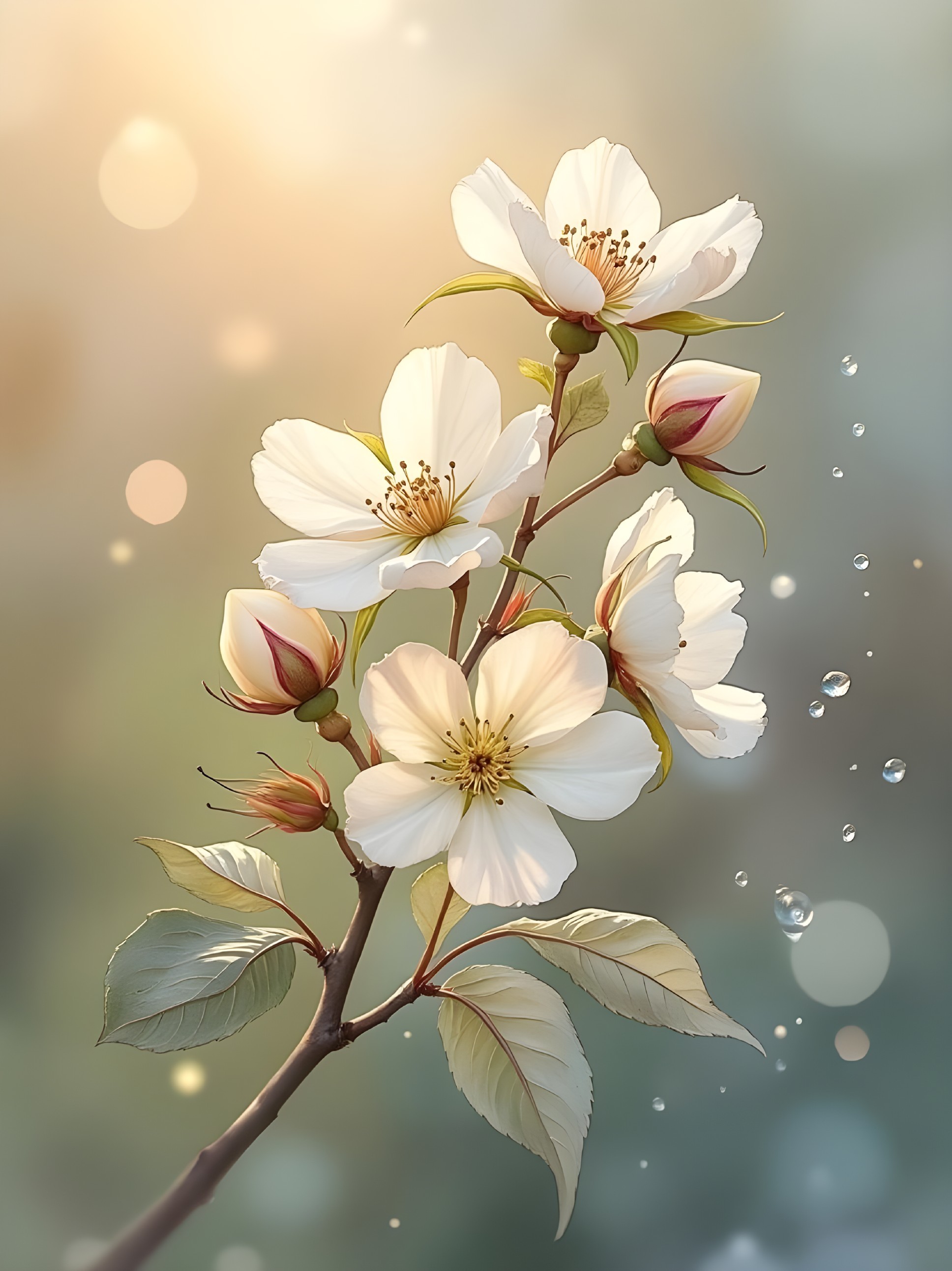 Delicate Branch with White Blossoms and Water Droplets