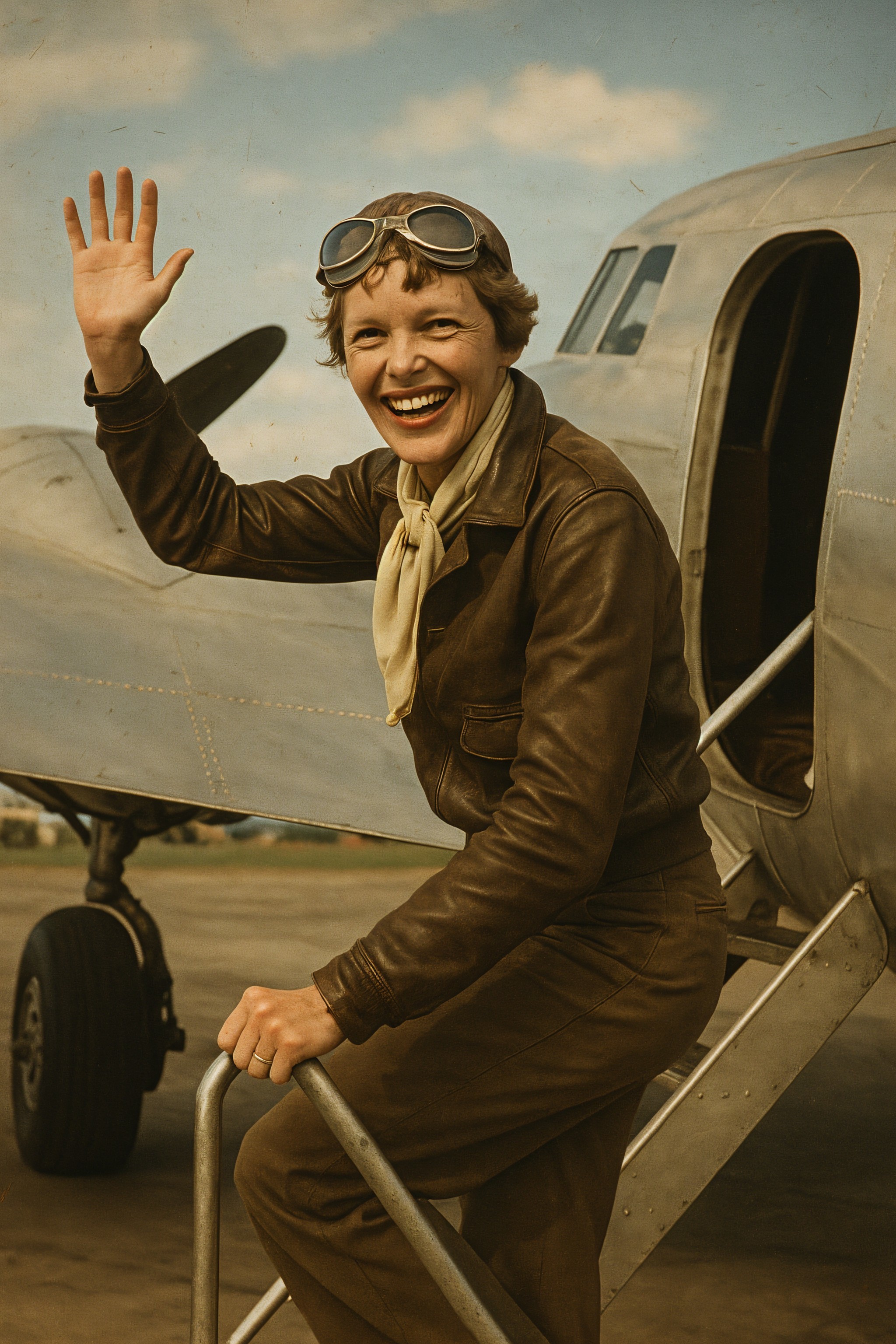 Vintage Aviator Waving from Classic Aircraft Steps