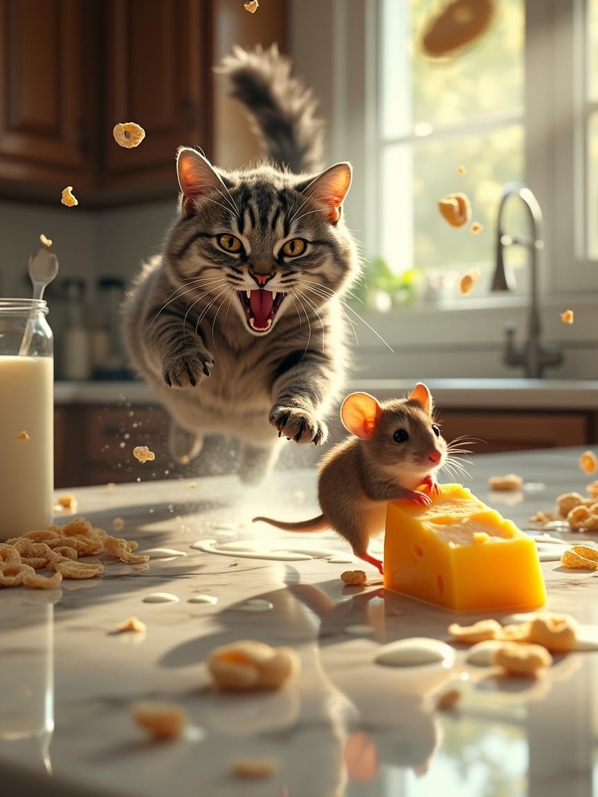 Tabby Cat Chasing Mouse in Busy Kitchen Scene