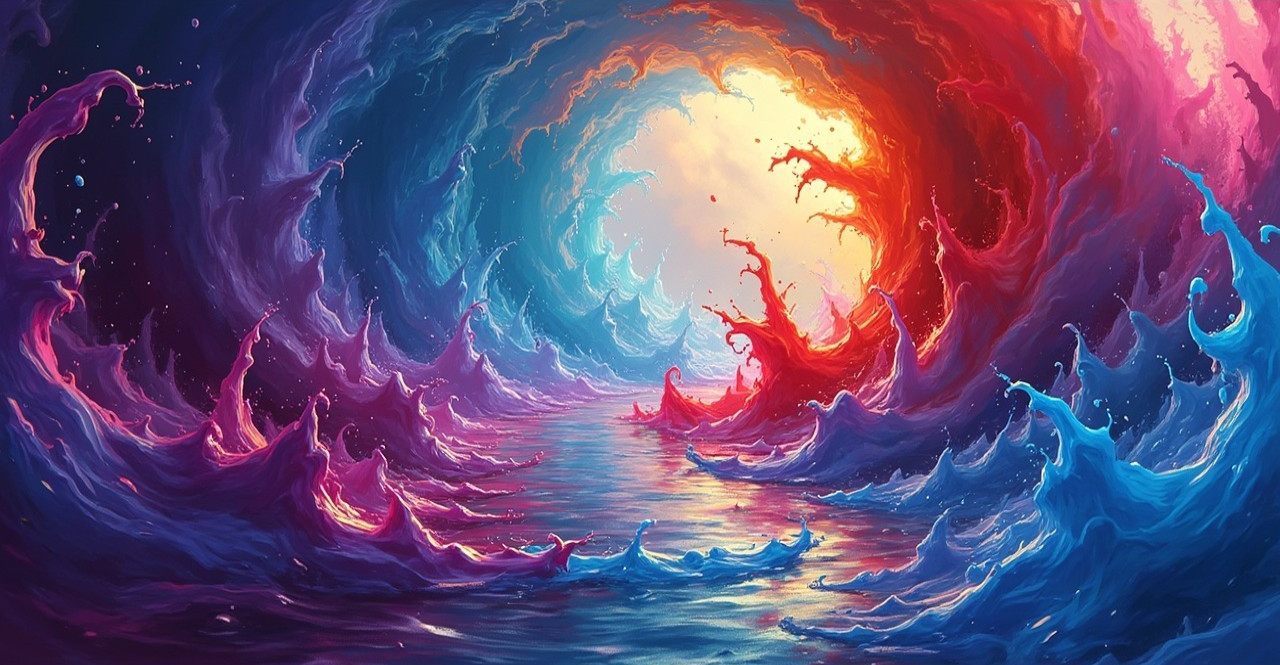 Vibrant Seascape with Colorful Waves and Sunrise