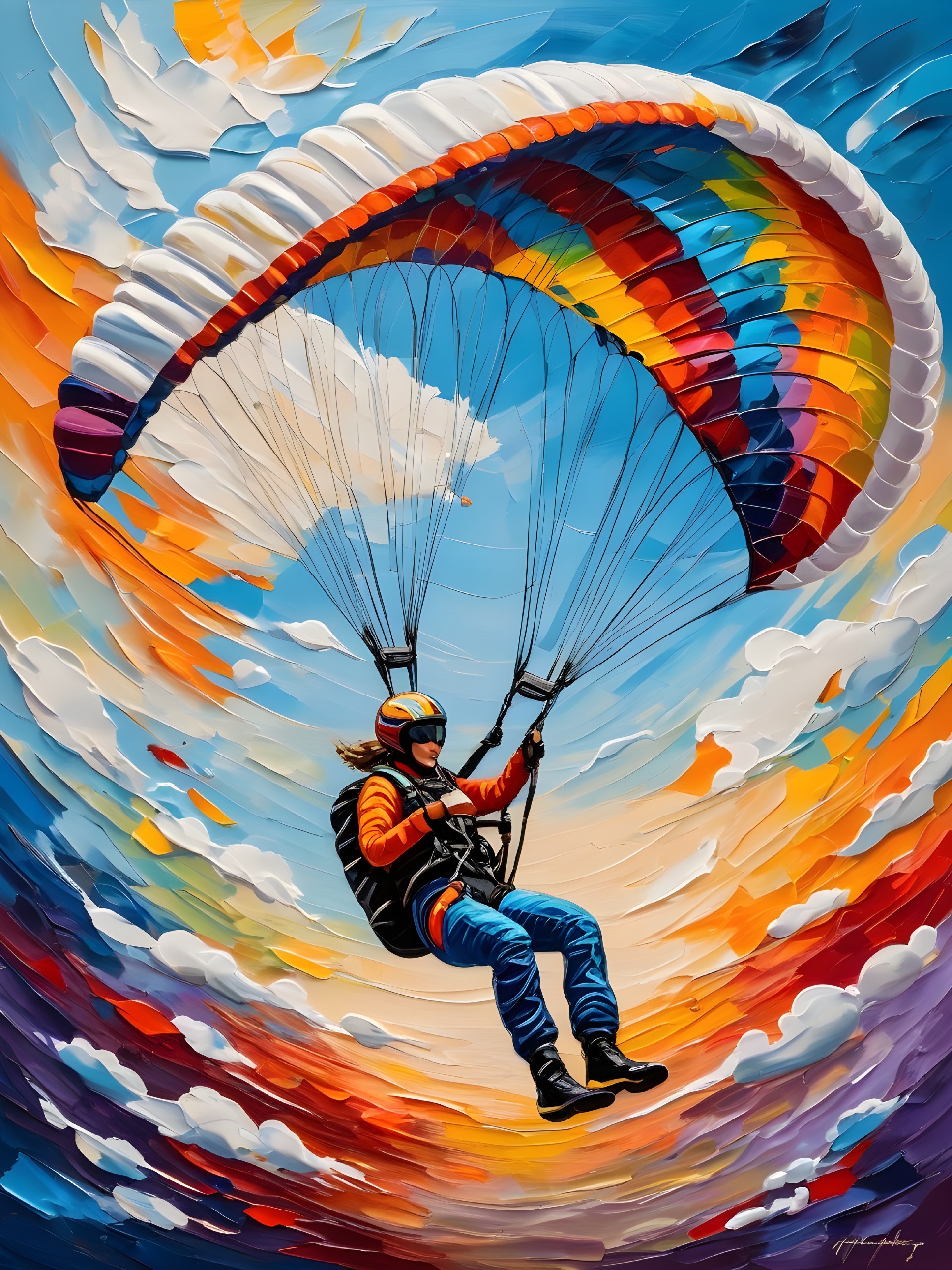 Vibrant Painting of Paraglider in Colorful Sky