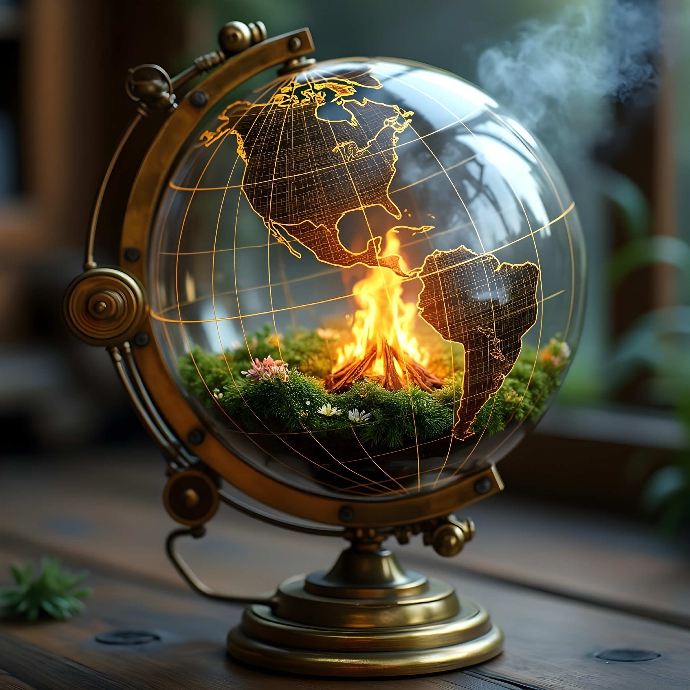 Vintage Globe Featuring Campfire and Nature Scene